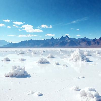The primary subject of the image is a large, snow-covered mountain range. The setting is a vast, snowy plain with a clear blue sky in the background. The visual style is a photo, capturing the beauty of the mountain range and the pristine snow-covered landscape. The colors and mood of the image are predominantly white, giving it a serene and peaceful atmosphere.